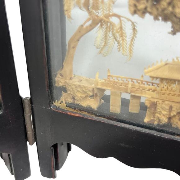 Vintage Asian Carved Cork Diorama Black Lacquer 4 Panel Mini Folding Screen - Picture 14 of 16
